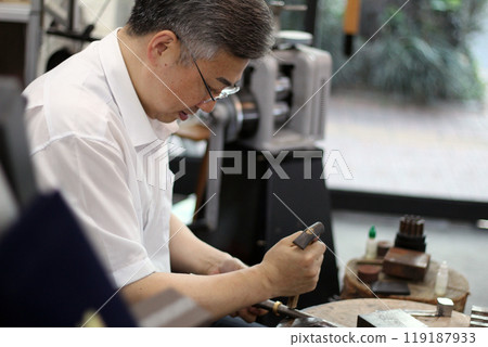 Gyeongsangnam-do, Jinju-si, Republic of Korea, October 11, 2024: Mr. Kim Myeong-su, the CEO of Jeonggeumgil Metalworking, is a person who lends gold to film companies. 119187933