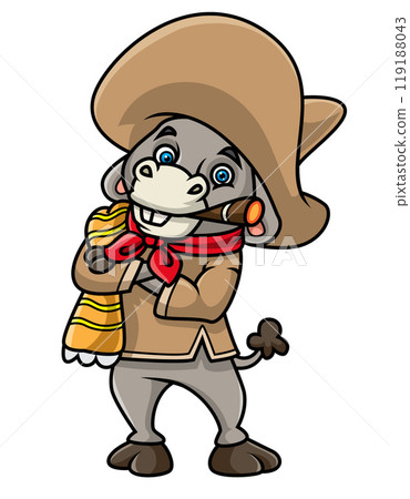 Donkey smoking and wearing sombrero hat, cartoon character of illustration 119188043