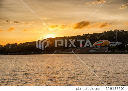 Fabulous sunrise by Xuan Huong Lake, in center Da Lat City, Lam Dong Province, Vietnam. 119188301