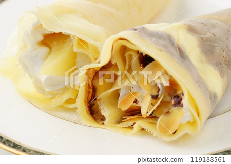 Almond chocolate crepe and peach crepe 119188561