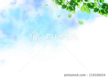 Shining young leaves, leaves flying into the blue sky, background with watercolor touch 119188834
