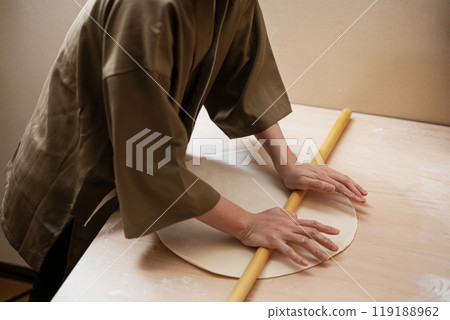 Handmade udon noodles, stretched Handmade udon noodles, stretched 119188962