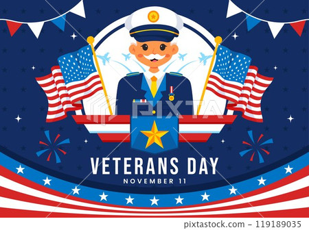 Happy Veterans Day Vector Illustration on November 11 featuring the USA Flag and Soldiers, Honoring All Who Served in a Flat Style Cartoon Background Happy Veterans Day Vector Illustration on November 11 featuring the USA Flag and Soldiers, Honoring All Who Served in a Flat Style Cartoon Background 119189035