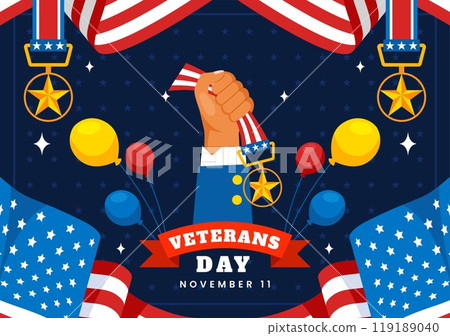 Happy Veterans Day Vector Illustration on November 11 featuring the USA Flag and Soldiers, Honoring All Who Served in a Flat Style Cartoon Background 119189040