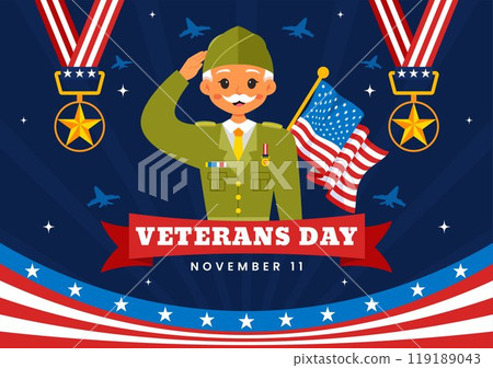 Happy Veterans Day Vector Illustration on November 11 featuring the USA Flag and Soldiers, Honoring All Who Served in a Flat Style Cartoon Background 119189043