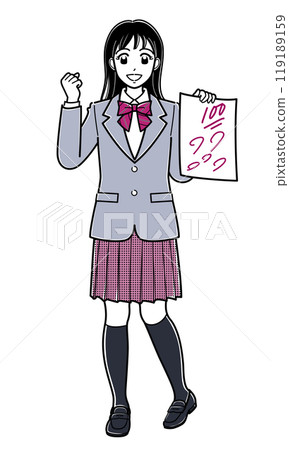 A high school girl in a blazer is happy with her perfect score on her answer sheet (simple) A high school girl in a blazer is happy with her perfect score on her answer sheet (simple) 119189159