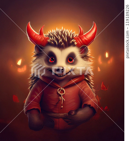 Cute hedgehog toon in orange devil costume with horn. 119189226