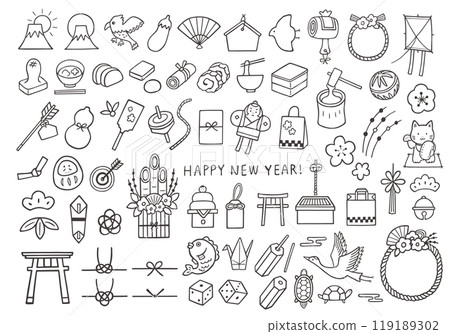 Assorted hand-drawn illustrations related to New Year 119189302