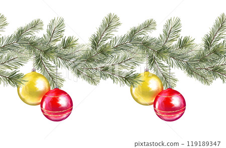 Christmas seamless border of spruce branches and Christmas balls. Illustration for patterns, greeting cards and invitations. 119189347
