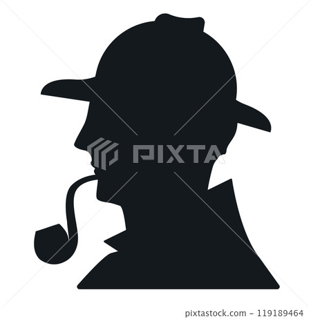 戴著帽子、抽著煙鬥的偵探的側面輪廓插圖。謎語、解謎、神祕、偵探的形象。 戴著帽子、抽著煙鬥的偵探的側面輪廓插圖。謎語、解謎、神祕、偵探的形象。 119189464
