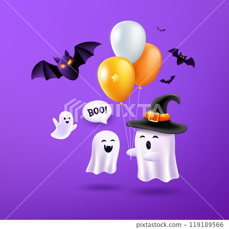 Halloween Ghost wearing a purple hat holding a balloon, bat flying poster design 119189566