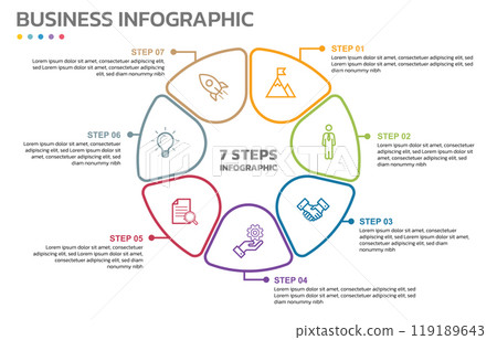Visual data presentation. Cycle diagram with 7 options. Pie Chart Circle thin line infographic template with 7 steps, options, parts, segments. Business concept. Marketing infographic vector 119189643
