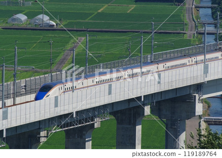 Hokuriku Shinkansen as seen from Mt. Iwanai (north direction, Sabae City) Echizen City, Fukui Prefecture Hokuriku Shinkansen as seen from Mt. Iwanai (north direction, Sabae City) Echizen City, Fukui Prefecture 119189764