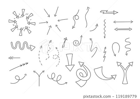 Hand drawn arrows vector set, Isolated doodle pointing signs dotted, linear, straight and curved. Lightning arrow, wave and zigzag simple black pointers 119189779
