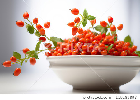 Fresh Cowberry in White Bowl on Light Background for Healthy Eating Concept. High quality photo 119189898