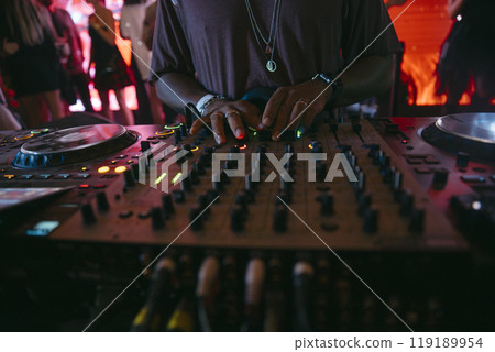 Close up view of a dj's hands Close up view of a dj's hands 119189954