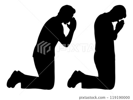 Man is kneeling and praying silhouette, Praying, man and hands in meditation or worship to God for faith or belief in spirituality 119190000
