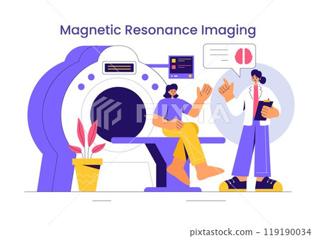 MRI or Magnetic Resonance Imaging Illustration featuring a Doctor and Patient during a Medical Examination with a CT Scan Machine in a Flat Background 119190034