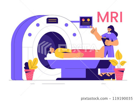 MRI or Magnetic Resonance Imaging Illustration featuring a Doctor and Patient during a Medical Examination with a CT Scan Machine in a Flat Background 119190035