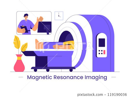 MRI or Magnetic Resonance Imaging Illustration featuring a Doctor and Patient during a Medical Examination with a CT Scan Machine in a Flat Background 119190036