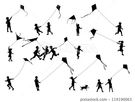 Kids are flying kites, Running, kid and kite vector silhouette Kids are flying kites, Running, kid and kite vector silhouette 119190063