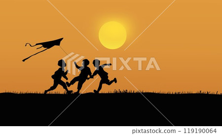 Kids flying kite under sunshine. Happy children with kite run together outdoor silhouette Kids flying kite under sunshine. Happy children with kite run together outdoor silhouette 119190064