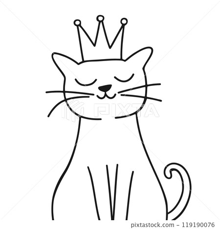 Cute cat in crown, line art. Cartoon hand drawn doodle kitty princess. Childish vector illustration 119190076