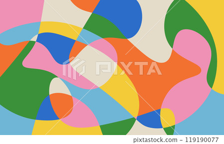 Abstract colorful background with simple hand drawn liquid shapes composition. Fun childish doodle backdrop. Minimal horizontal cover design in bright trendy colors 119190077