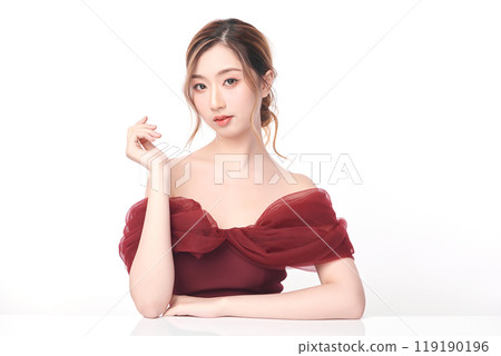 Beautiful young asian woman with clean fresh skin on white background, Face care, Facial treatment, Cosmetology, beauty and spa, Asian women portrait. Beautiful young asian woman with clean fresh skin on white background, Face care, Facial treatment, Cosmetology, beauty and spa, Asian women portrait. 119190196
