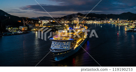 Nagasaki Port Cruise Ship Departure (Spectrum of the Seas) Illuminated Panorama from Megami Ohashi Bridge [Nagasaki City] 119190253