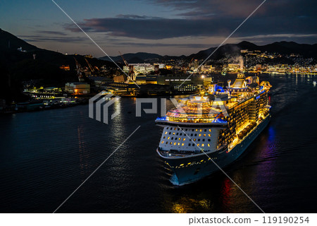 Cruise ship departing from Nagasaki Port (Spectrum of the Seas) Night view illuminated from Megami Ohashi Bridge [Nagasaki City] 119190254