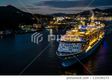 Cruise ship departing from Nagasaki Port (Spectrum of the Seas) Night view illuminated from Megami Ohashi Bridge [Nagasaki City] 119190255
