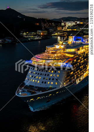 Cruise ship departing from Nagasaki Port (Spectrum of the Seas) Night view illuminated from Megami Ohashi Bridge [Nagasaki City] 119190258