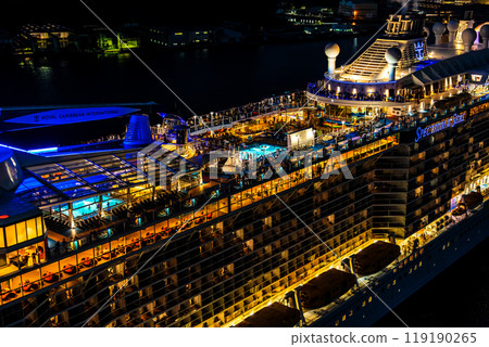 Cruise ship departing from Nagasaki Port (Spectrum of the Seas) Night view illuminated from Megami Ohashi Bridge [Nagasaki City] 119190265