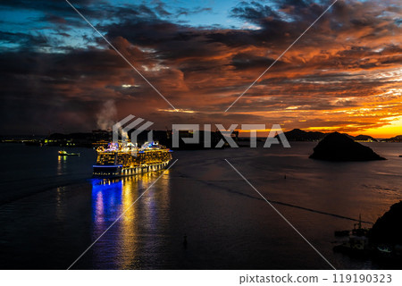 Cruise ship departing from Nagasaki Port (Spectrum of the Seas) Illuminated night view and sunset from Megami Ohashi Bridge Cruise ship departing from Nagasaki Port (Spectrum of the Seas) Illuminated night view and sunset from Megami Ohashi Bridge 119190323