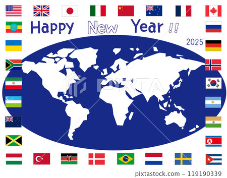 Illustration of a New Year's greeting for 2025. The whole world is celebrating the New Year. 119190339