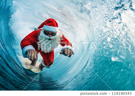 An illustration shows Santa Claus riding a surfboard. The concept of a tropical Christmas celebration. Generative AI. An illustration shows Santa Claus riding a surfboard. The concept of a tropical Christmas celebration. Generative AI. 119190345