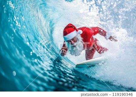 An illustration shows Santa Claus riding a surfboard. The concept of a tropical Christmas celebration. Generative AI. 119190346