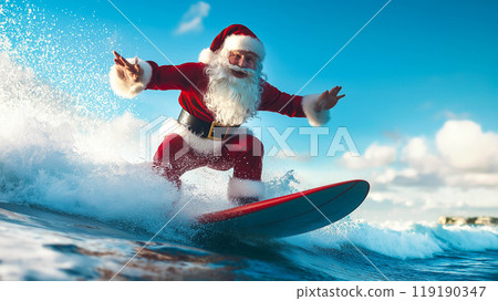 An illustration shows Santa Claus riding a surfboard. The concept of a tropical Christmas celebration. Generative AI. An illustration shows Santa Claus riding a surfboard. The concept of a tropical Christmas celebration. Generative AI. 119190347