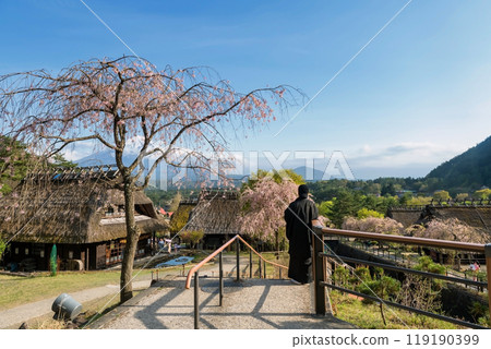 Japanese man in yukata at Saiko Iyashi with mt. Fuji, Yamanashi Japanese man in yukata at Saiko Iyashi with mt. Fuji, Yamanashi 119190399
