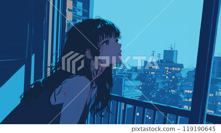 一位女士從房間的窗戶仰望夜空 119190645