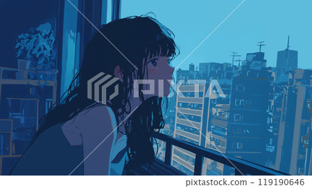 一位女士從房間的窗戶仰望夜空 119190646