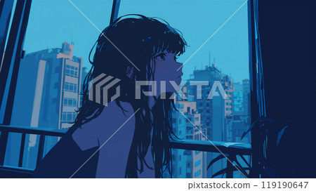 一位女士從房間的窗戶仰望夜空 119190647