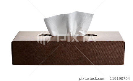 Brown tissue box with a few tissues protruding, isolated on a white background. Brown tissue box with a few tissues protruding, isolated on a white background. 119190704