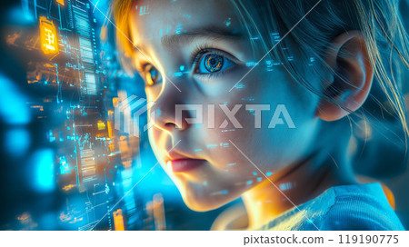 A young girl interacts with futuristic technology, filled with wonder and curiosity. The concept of advanced innovations and the future of learning. Generative AI. 119190775