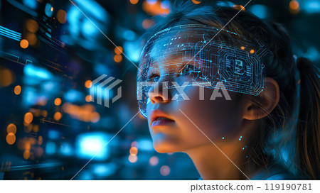 A young girl interacts with futuristic technology, filled with wonder and curiosity. The concept of advanced innovations and the future of learning. Generative AI. 119190781