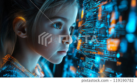 A young girl interacts with futuristic technology, filled with wonder and curiosity. The concept of advanced innovations and the future of learning. Generative AI. 119190782