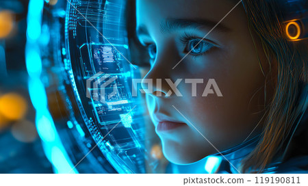 A young girl interacts with futuristic technology, filled with wonder and curiosity. The concept of advanced innovations and the future of learning. Generative AI. A young girl interacts with futuristic technology, filled with wonder and curiosity. The concept of advanced innovations and the future of learning. Generative AI. 119190811
