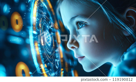 A young girl interacts with futuristic technology, filled with wonder and curiosity. The concept of advanced innovations and the future of learning. Generative AI. 119190812