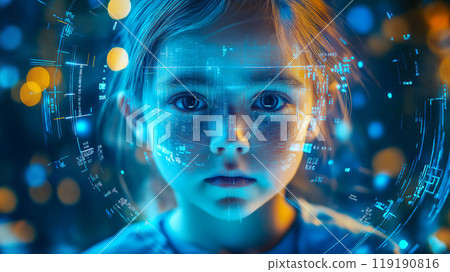 A young girl interacts with futuristic technology, filled with wonder and curiosity. The concept of advanced innovations and the future of learning. Generative AI. A young girl interacts with futuristic technology, filled with wonder and curiosity. The concept of advanced innovations and the future of learning. Generative AI. 119190816